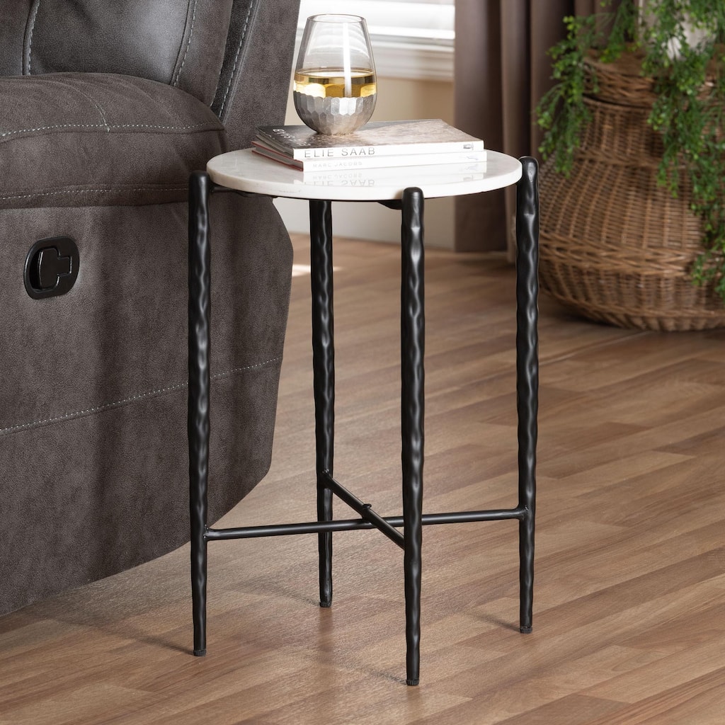 Caledon Marble Side Table - Modern Rustic Accent Table with Hand-Forged Metal Frame for Living Room or Seating Areas, Round