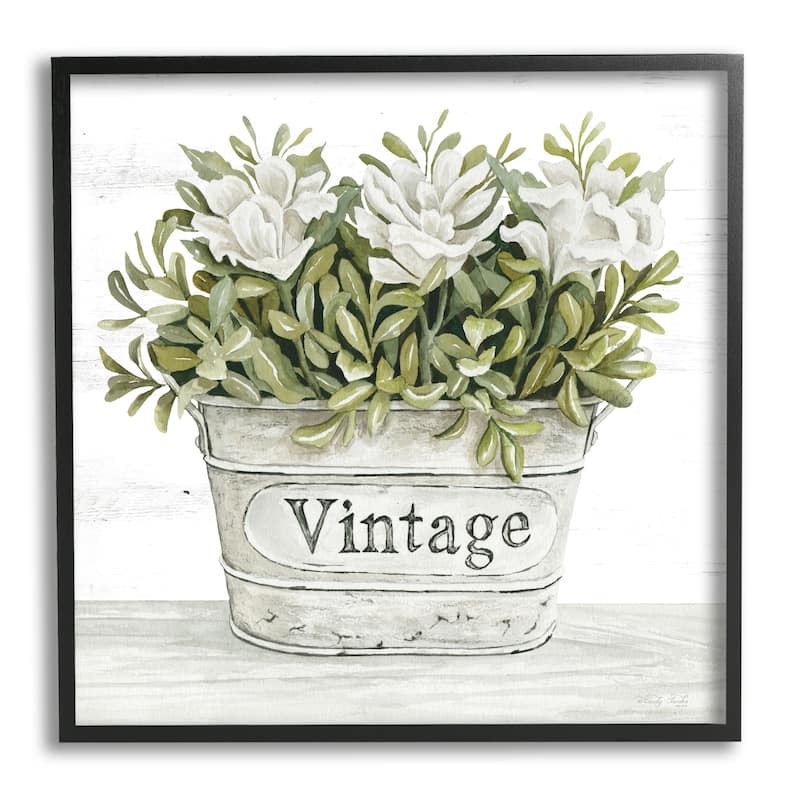 Stupell Vintage Flower Planter Rustic Blooms Full Leaves Framed Wall Art, Design by Cindy Jacobs - Green - 17 x 17 - Black