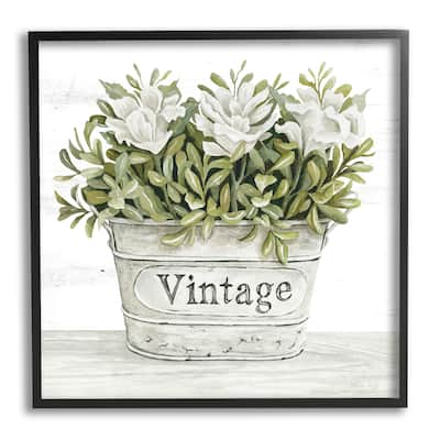 Stupell Vintage Flower Planter Rustic Blooms Full Leaves Framed Wall Art, Design by Cindy Jacobs - Green