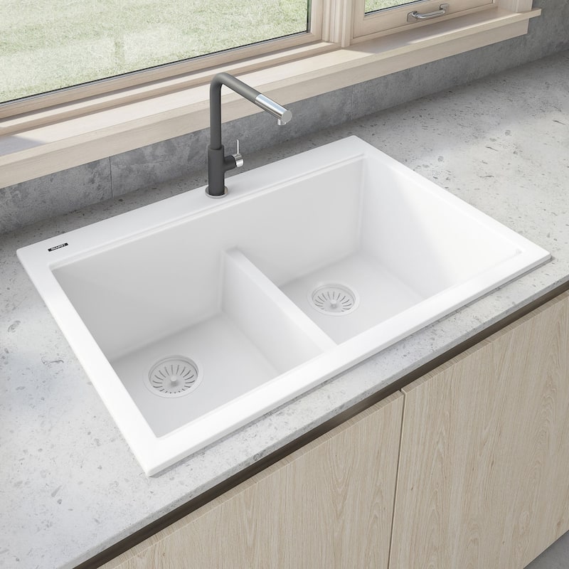 Ruvati 33 x 22 inch epiGranite Drop-in TopMount Granite Composite Double Bowl Low Divide Kitchen Sink - Arctic White - RVG1385WH