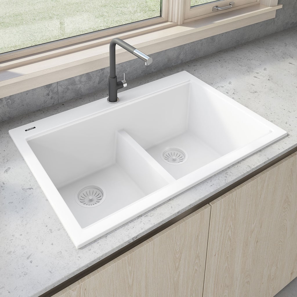Ruvati 33 x 22 inch epiGranite Drop-in TopMount Granite Composite Double Bowl Low Divide Kitchen Sink - Arctic White - RVG1385WH