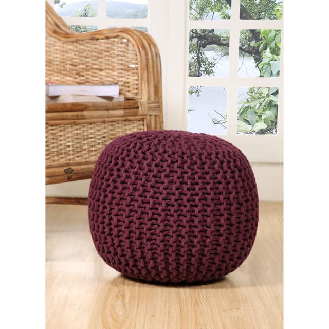 AANNY Designs Lychee Knitted Cotton Round Pouf Ottoman - Maroon