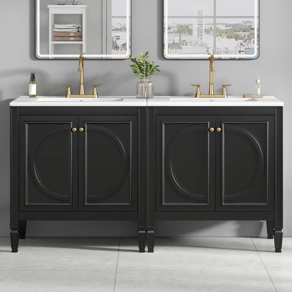 60" Bathroom Vanity with Double Sink Combo Set, Ceramic Sink, Soft Close Doors with Shelf, Storage Drawer
