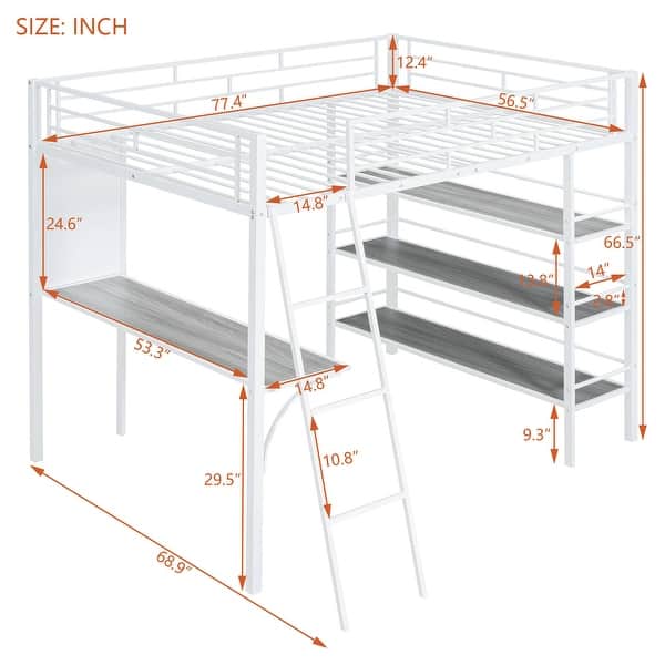 dimension image slide 0 of 4, Loft Metal Bed with 3 Layers of Shelves and Desk, Stylish Metal Frame Bed with Whiteboard