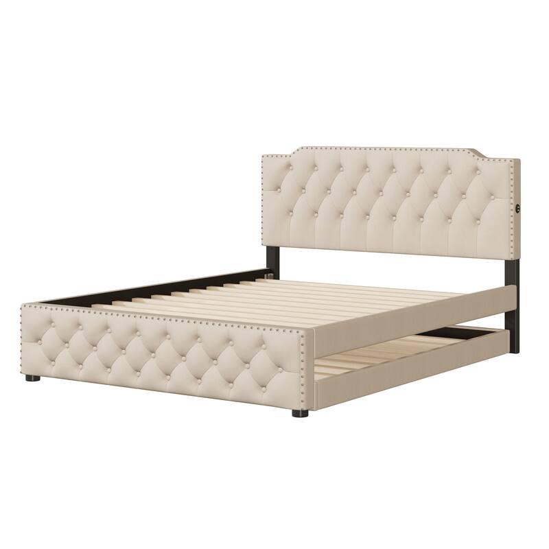 Queen Size Linen Fabric Platform Bed with Twin Size Trundle Upholstered Bed and 2 sets of USB Ports Storage Bed, Panel Bed