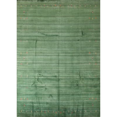 Striped Green Gabbeh Oriental Area Rug Handmade Silk Carpet - 9'1"x 11'5"