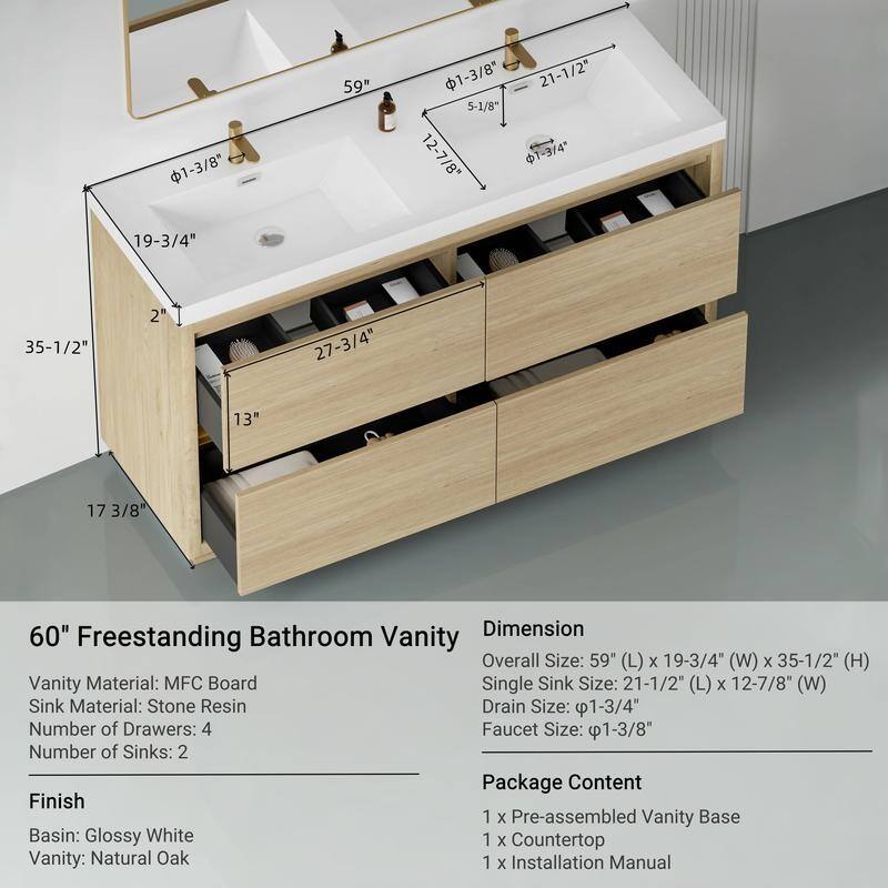 Abruzzo 60" Freestanding Vanity with Solid Surface Countertop Dual Sinks 4 Soft-Close Drawers