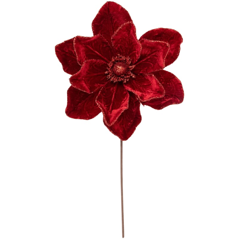 24" Red Velvet Glittered Christmas Flower Pick - 24