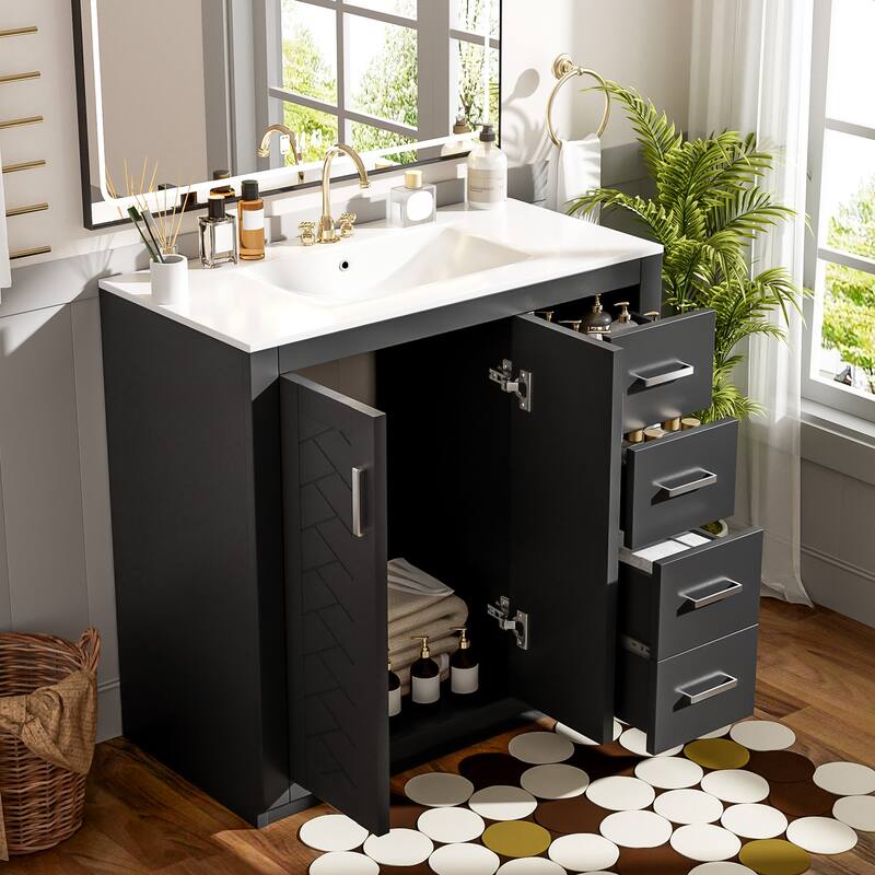 Freestanding Geometric Pattern Bathroom Vanity Solid Wood Frame Storage Cabinet with Sink, 3 Drawers and Soft Closing Doors