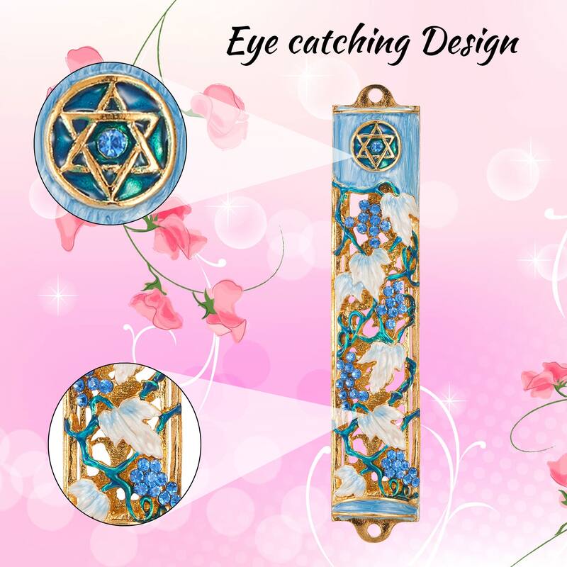 Matashi Hand Painted 6" Blue and Ivory Enamel Grape Mezuzah Embellished with Gold Accents and High Quality Crystals Home Decor