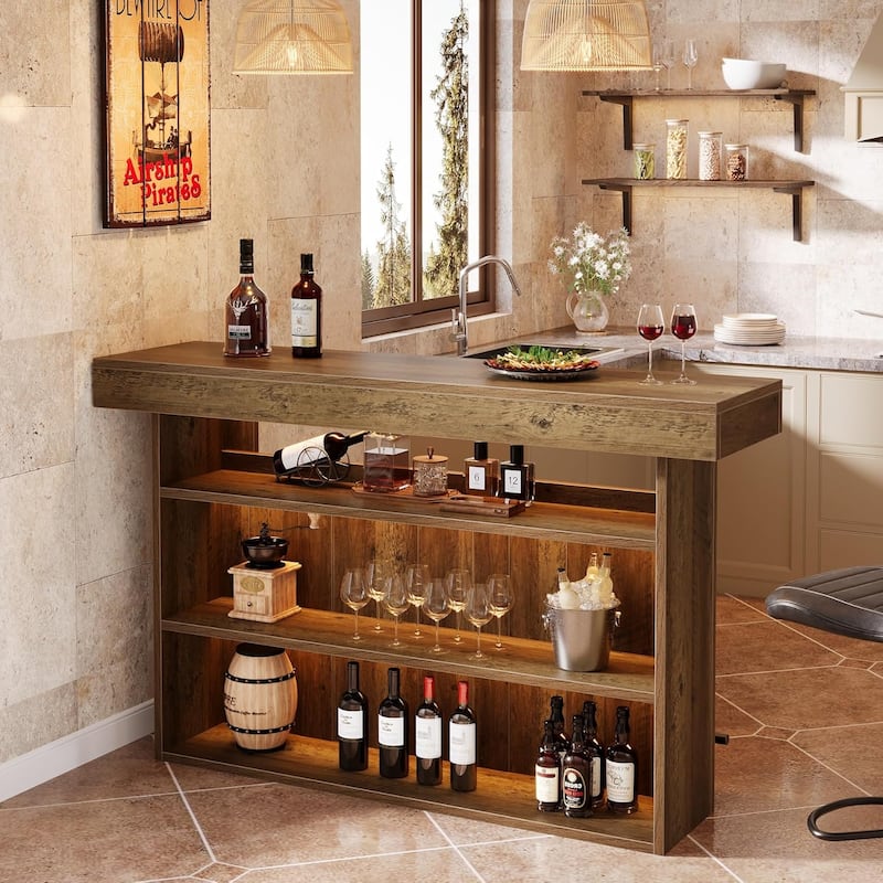 63 Inches Bar Table with Footrest and Storage Shelves for Kitchen Bistro Basement