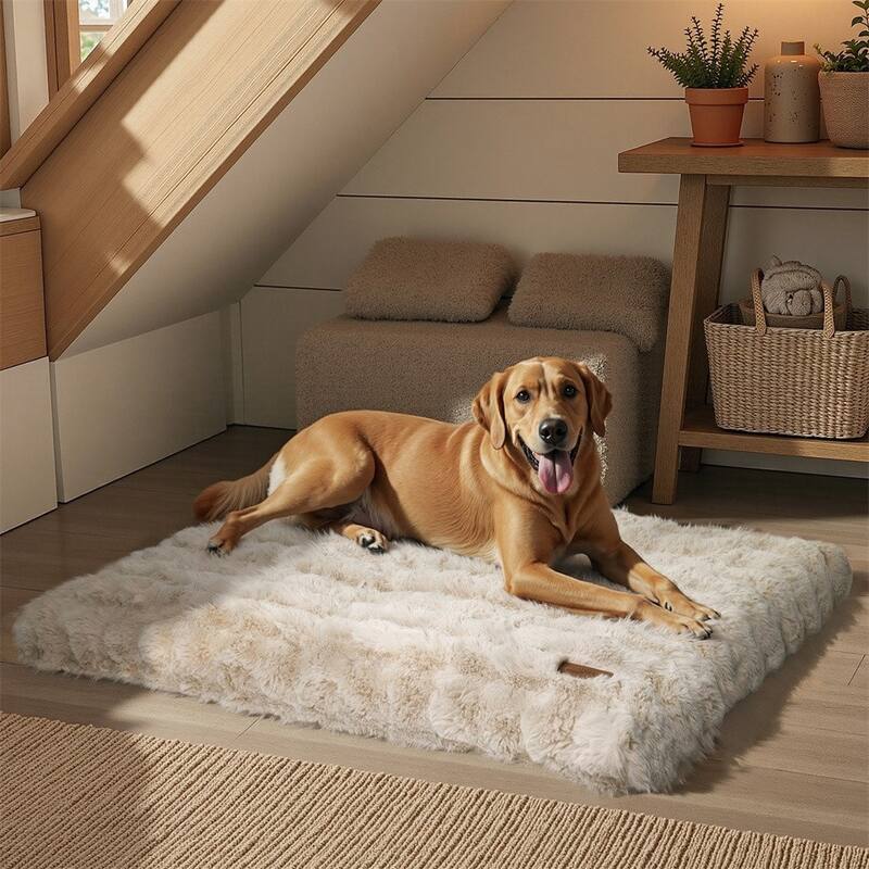 Washable Dog Bed Comfy Fluffy Kennel Pad Anti-Slip Pet Sleeping Mat Dogs Pillow - 47.3x35.5x4.7 inch - Khaki
