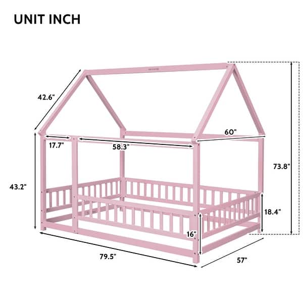 dimension image slide 1 of 4, Full Size Wooden Floor Bed with House Roof & Guardrails