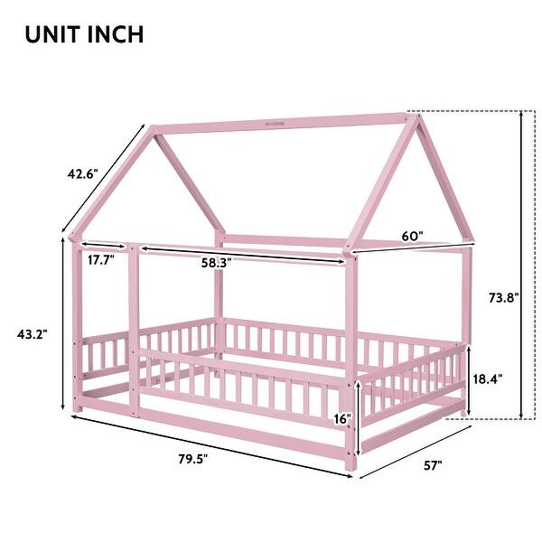 dimension image slide 1 of 4, Full Size Wooden Floor Bed with House Roof Frame, Fence Guardrails for Kids, Bedroom