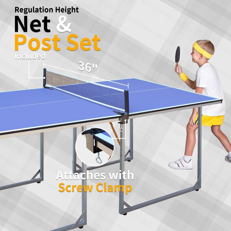 Roomfitters 6ft Mid-Size Table Tennis Table, Foldable and Portable, Includes Net, 2 Paddles and 3 Balls, Indoor Outdoor, Blue