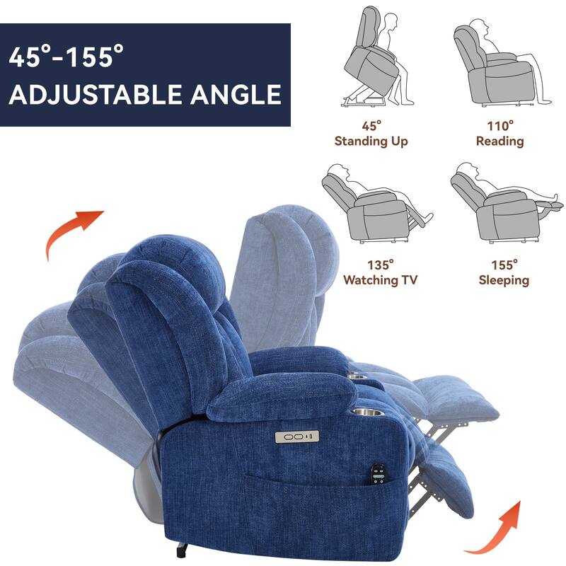 Chenille Power Lift Recliner Chair with Heat & Massage, Adjustable Reclining Sofa with USB Charge Port & Cup Holders