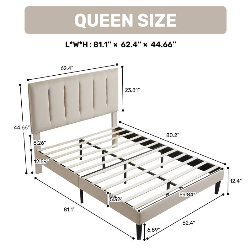 Upholstered Platform Bed Frame with Vertical Stripe Headboard