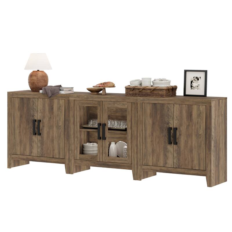 WAMPAT Farmhouse Buffet Cabinet with Glass Doors, 3-Piece Modular Sideboard with Adjustable Shelves