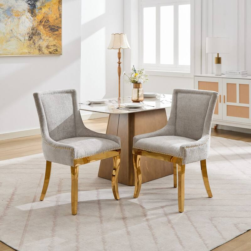 Chenille Dining Chairs, Modern Upholstered Accent Chair with Curved Gold-Plated Legs & Rivet Trim, Plush Fabric, Set of 2