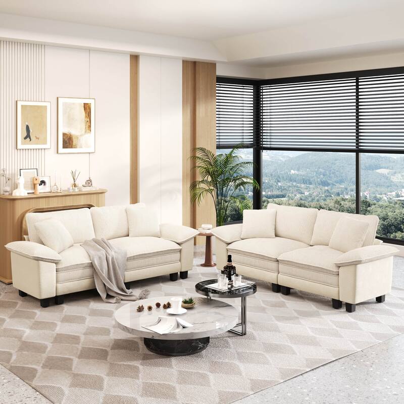 MAISON ARTS 2-Piece Chenille & Corduroy Sofa Set, Comfy 3/4/5-Seater Modular Loveseat & Armchair with Throw Pillows - Off-White Corduroy(4 Pieces) - Left Facing