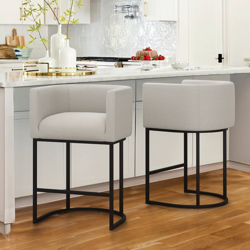 26 in. Counter Height Low Back Bar Stool with Metal Frame Modern Barrel Fabric Bar Stool for Kitchen Island