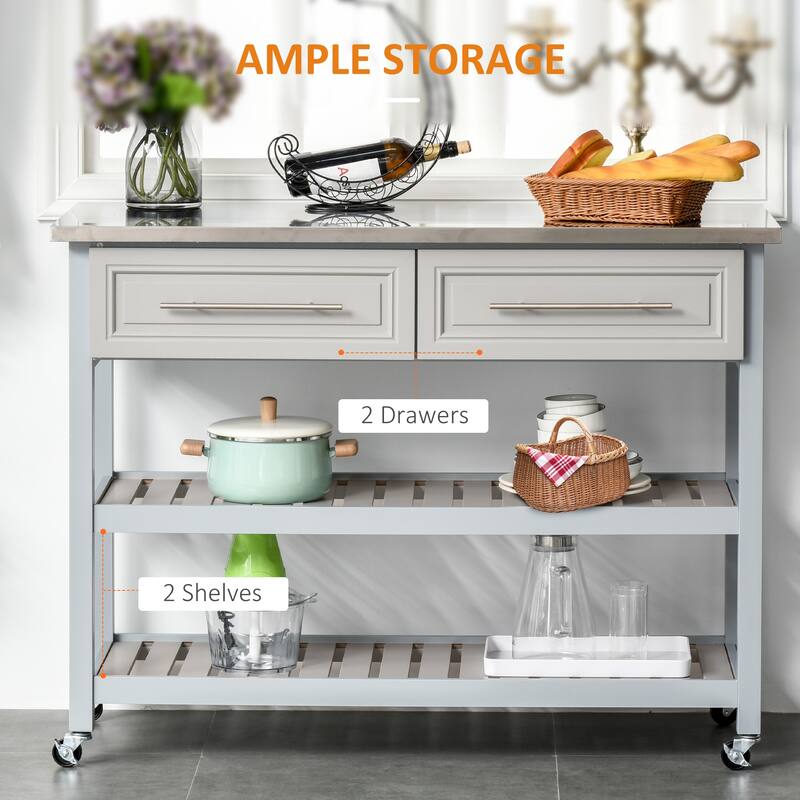 Kitchen Island with Stainless Steel Top, Traditional Kitchen Island with Storage, 2-Tier Open Shelves, Drawers
