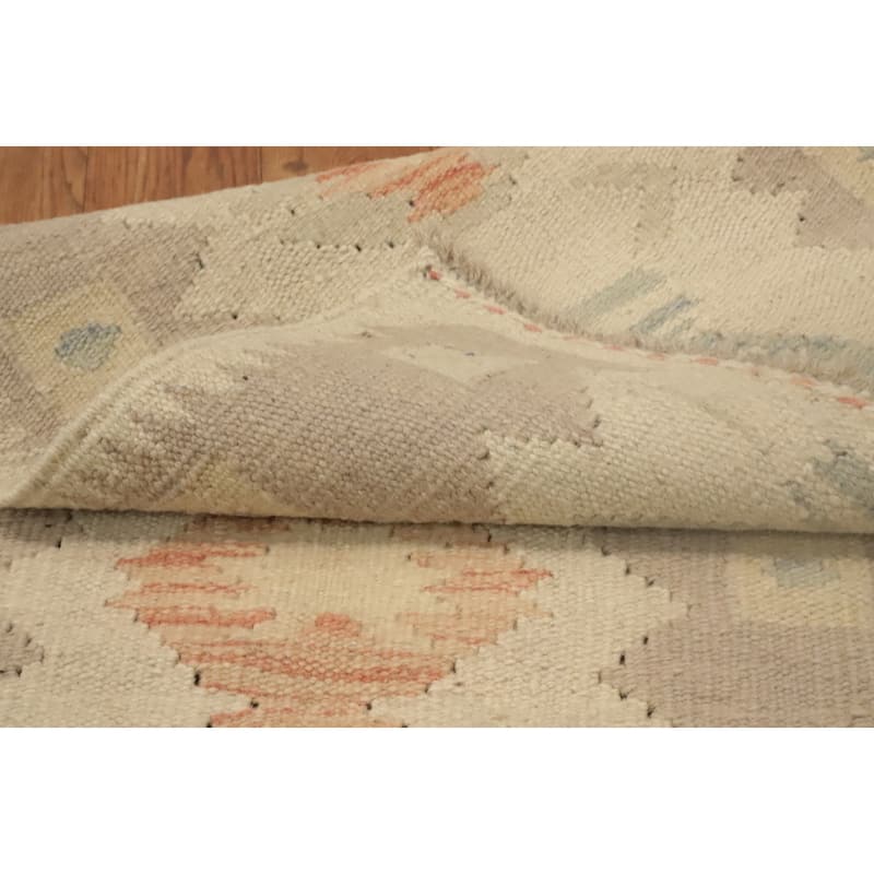 Hand Woven Oriental 100% Wool Carpet Southwestern Tribal Beige & Ivories Kilim Area Rug - 4' 3'' X 1' 7''