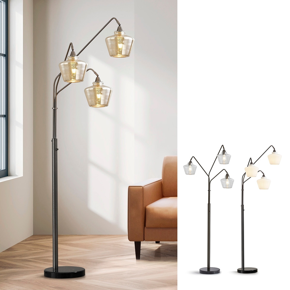 Cafe 3-Light Glass Shades Arch Floor Lamp