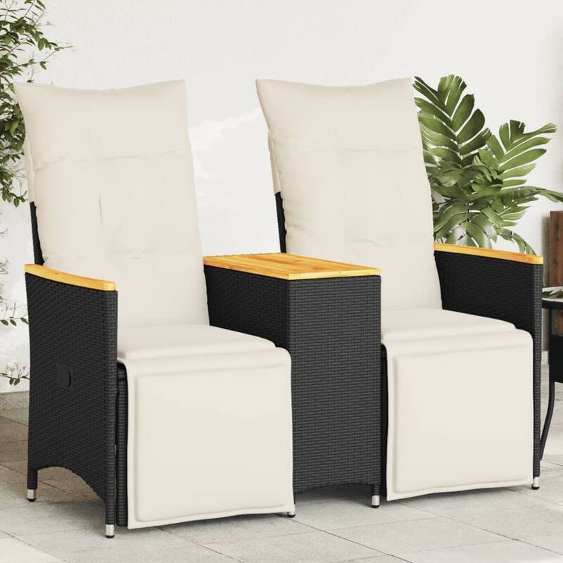 vidaXL Reclining Patio Sofa 2-Seater with Table Loveseat Furniture Poly Rattan - 23.2 x 51.2 x 36.2 in - Black With footrest/ Wood