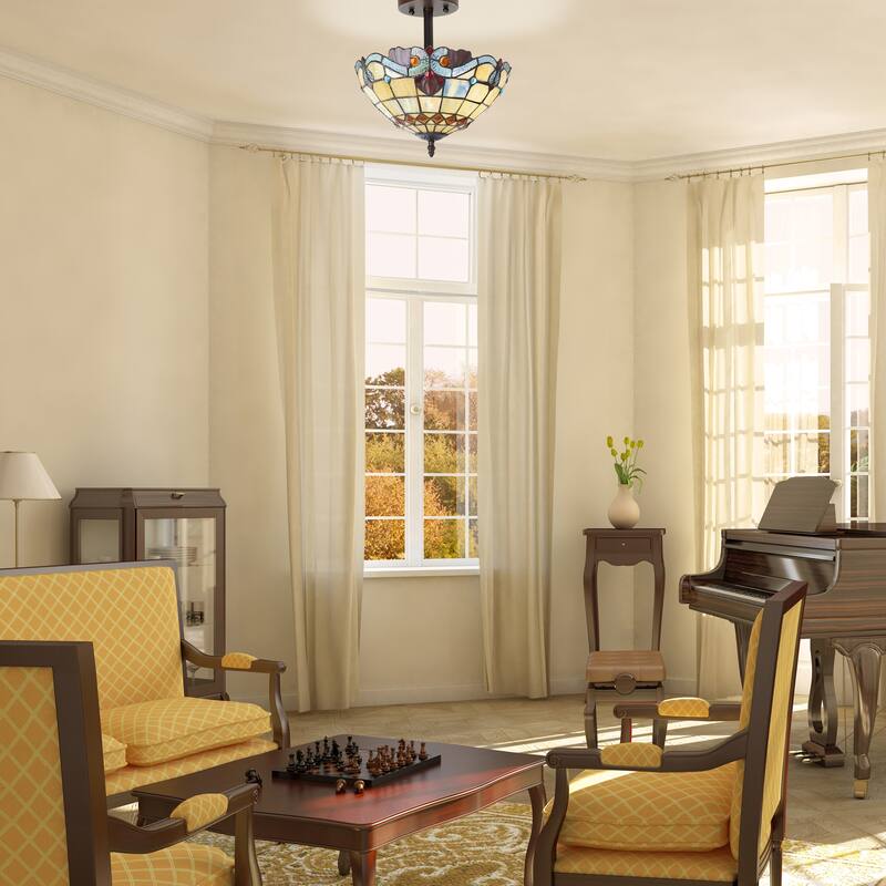 Mila River of Goods Red/Amber/Blue Stained Glass Bowl Shade 13-Inch Ceiling Light - 12.5" x 12.5" x 13"