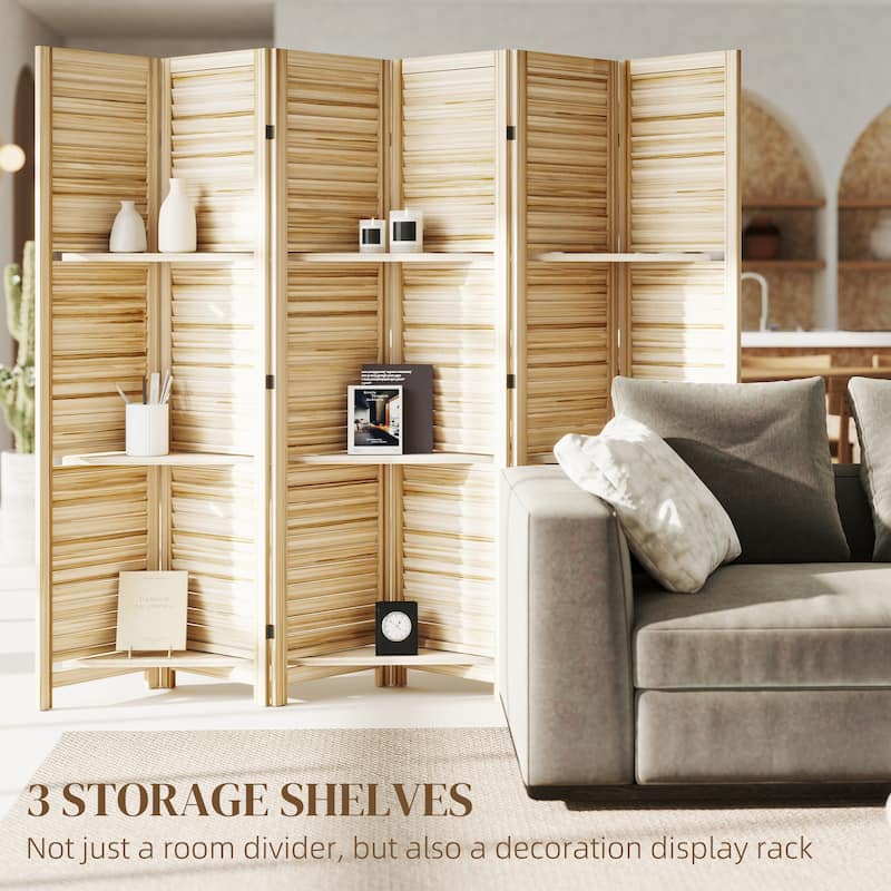 HOMCOM Room Divider, 6 Panel 67" Tall Wood Privacy Screen with 3 Display Shelves, and Folding Storage for Bedroom, Gray