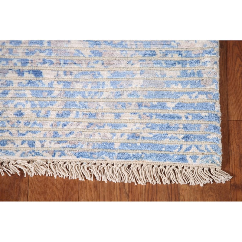 Striped Blue Abstract Modern Accent Rug Handmade Wool Carpet - 3'11"x 5'7"