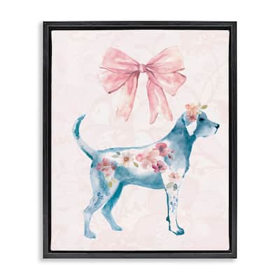 Stupell Floral Dog with Pink Ribbon Framed Floater Canvas Wall Art Design By Carol Robinson