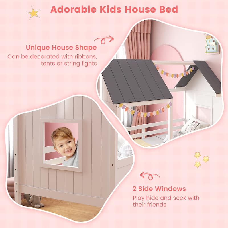 Gymax Twin Low House Bed Wooden Loft Bed with Ladder Roof Windows