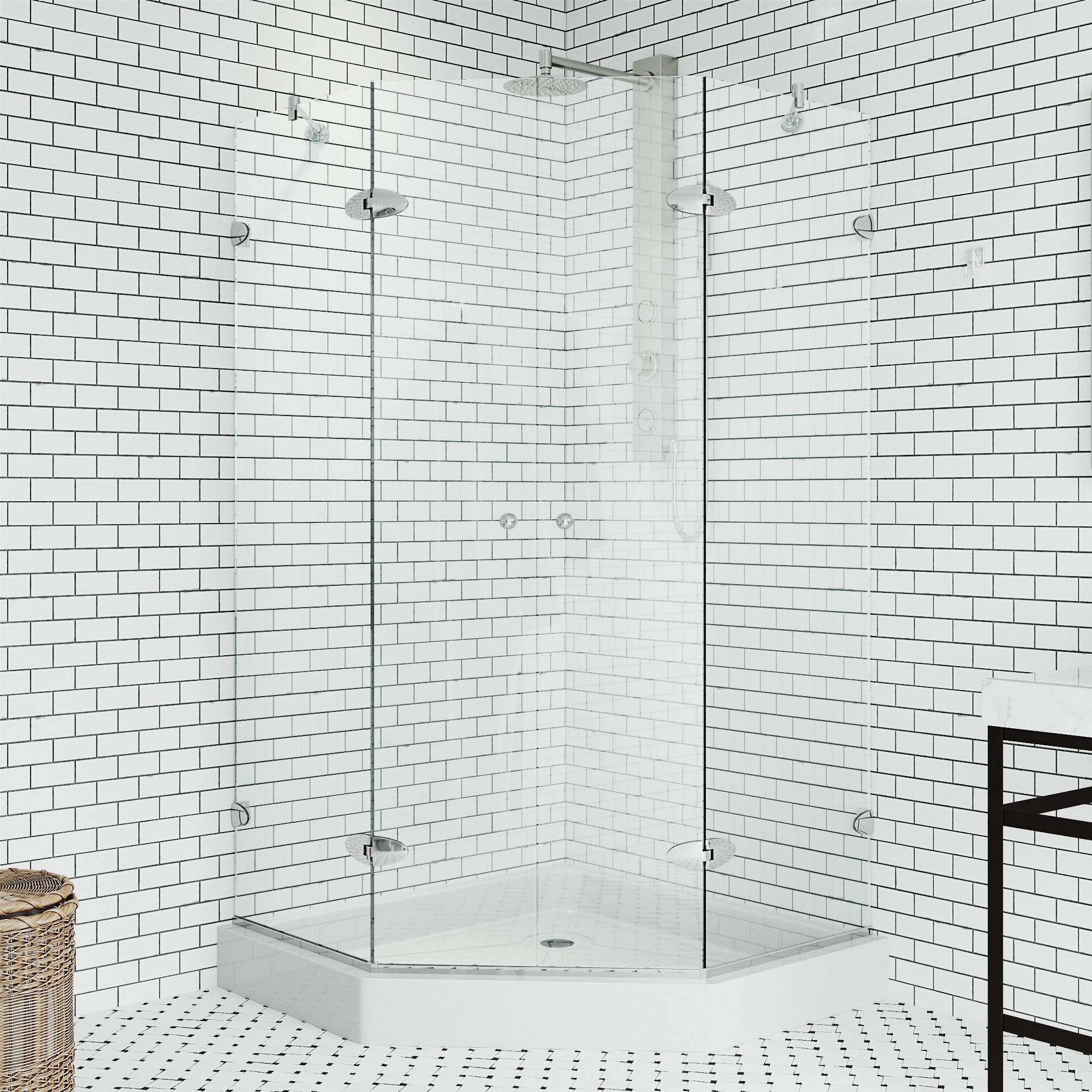 VIGO Gemini Frameless Hinged Neo-Angle Shower Enclosure and Base