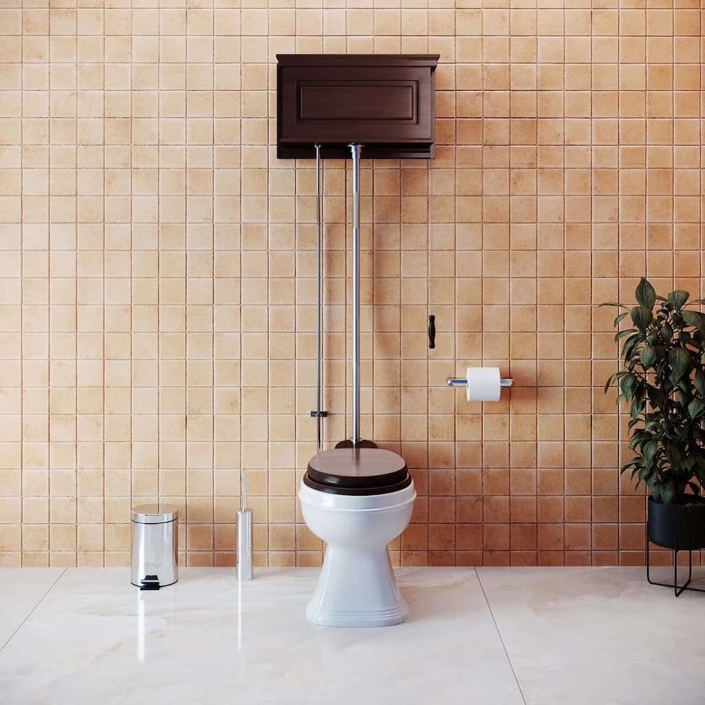 Dark Oak Wooden High Tank Toilet Raised Tank, White Elongated Bowl and Satin Z Pipe
