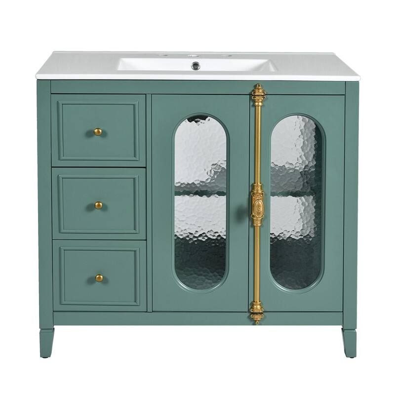 Bathroom Vanity with 36-inch Sink, Wood Modern Bathroom Storage Cabinet with 3 Drawers & 2 Soft Close Glass Doors