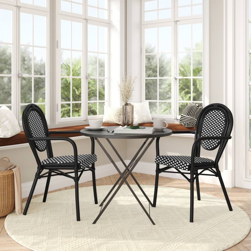 2 Pack All-Weather Commercial Paris Chairs with Arms and metal Frames - BlackWhiteBlackFrame
