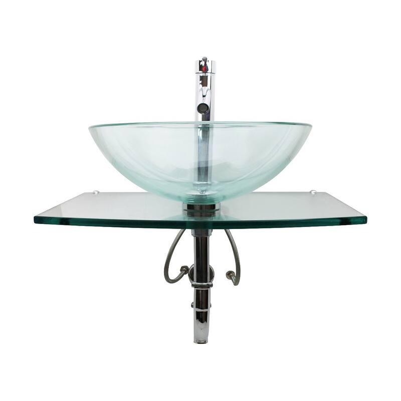 Glass Wall Mount Sink Halo 23.75" Tempered Glass Round Vessel Sink with Chrome Faucet and Sink Drain Renovators Supply