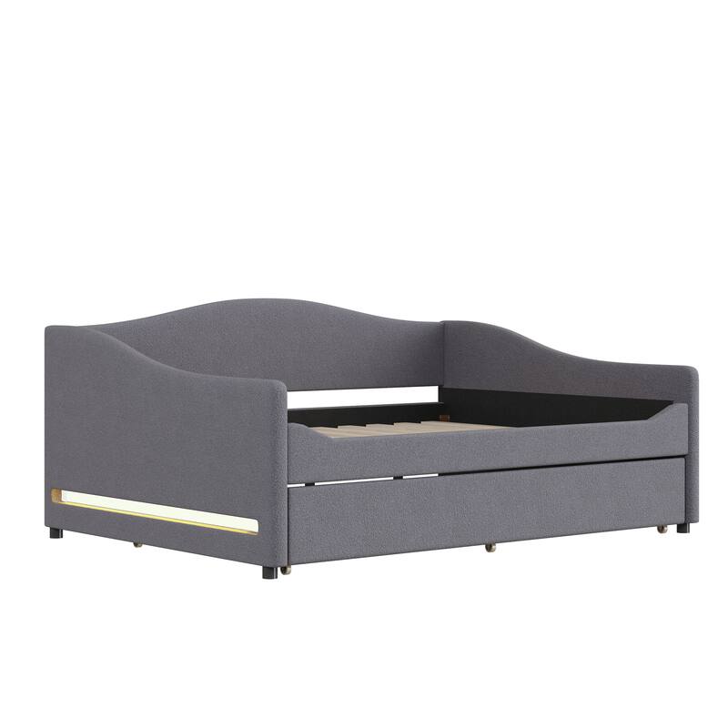 Comfort & Soft Daybed with LED & Trundle, Curve Design-Full Size, Grey
