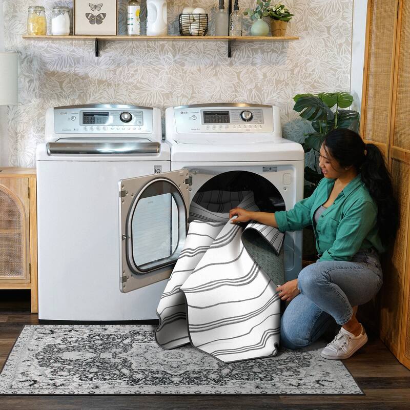 My Magic Carpet Machine Washable Area Rug Stripe Grey And White