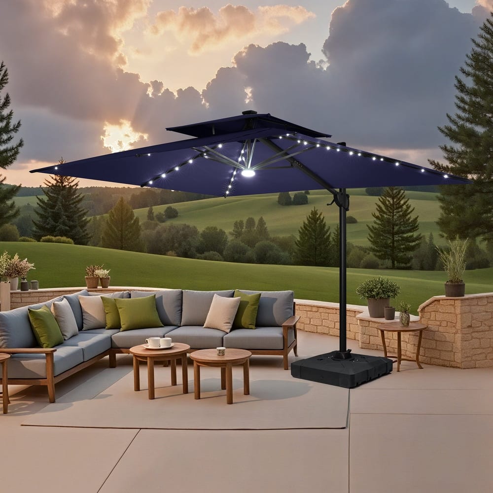 9 x 11 FT Outdoor Double Top LED Lighted Patio Cantilever Umbrella with Base Stand