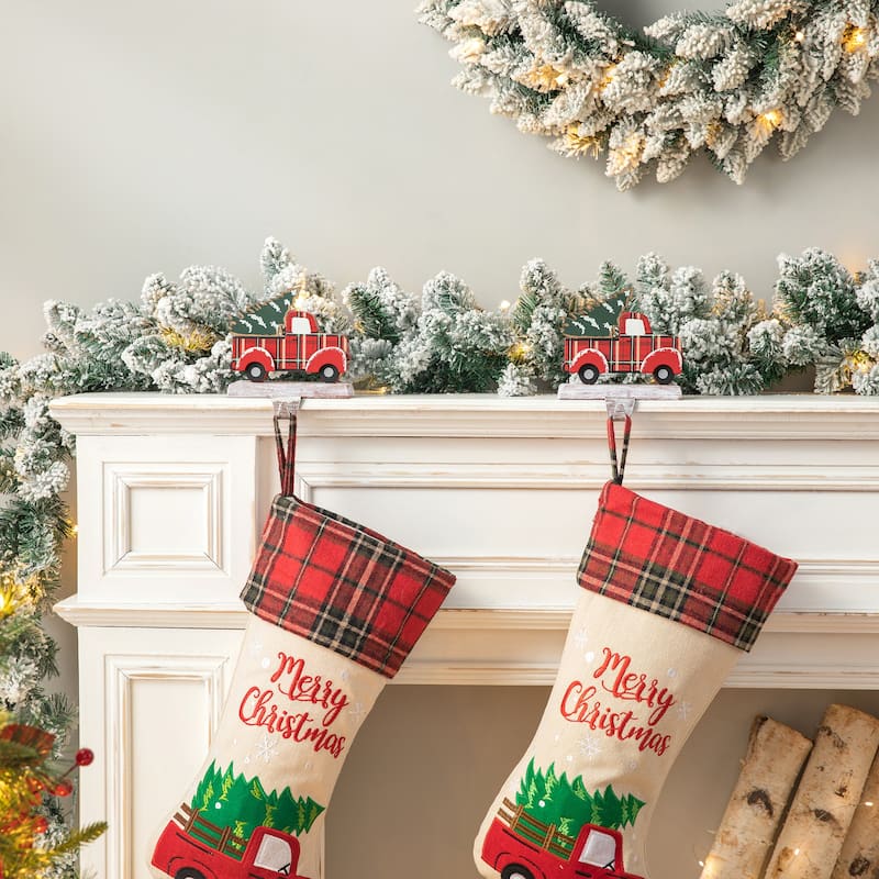 Glitzhome Christmas Dachshund Reindeer Red Car Stocking Holders Rustic Mantel Ornament