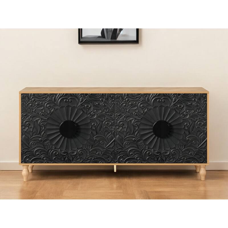 HomeRoots 68" Natural and Black Distressed Carved Floral Sideboard with Four Doors - 68.11' X '32' X '15.75 - 68.11' X '32' X '15.75