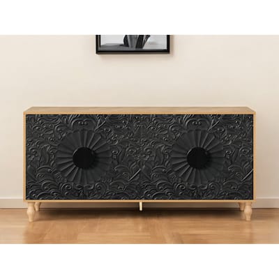HomeRoots 68" Natural and Black Distressed Carved Floral Sideboard with Four Doors - 68.11' X '32' X '15.75