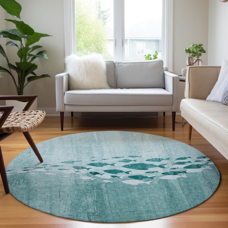 Machine Washable Indoor/ Outdoor Chantille Modern Sea Life Rug - Teal - 8' x 8'