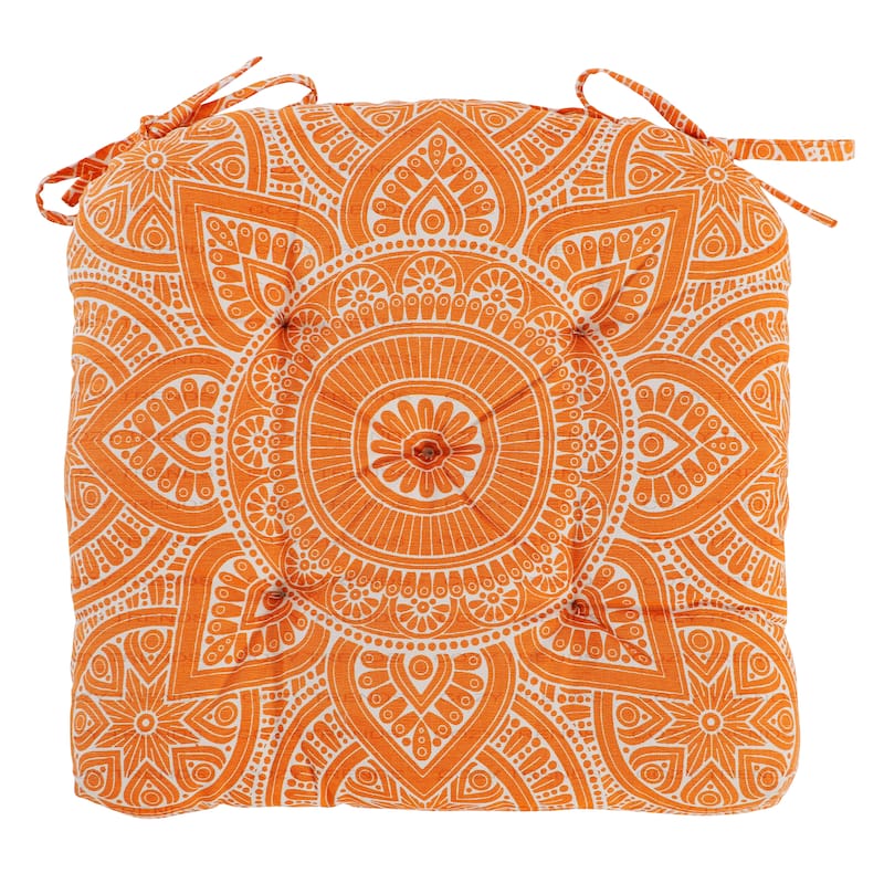 Handmade Cotton Mandala Chair Pads Cushion 16" – Thick Chair Pads with Ties (Set of 2) - Orange