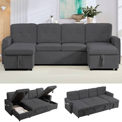 W103" Corduroy 4-Seater Modular Sleeper Sofa Bed with Storage Chaise,U-shaped Sofa with Pull-out Bed