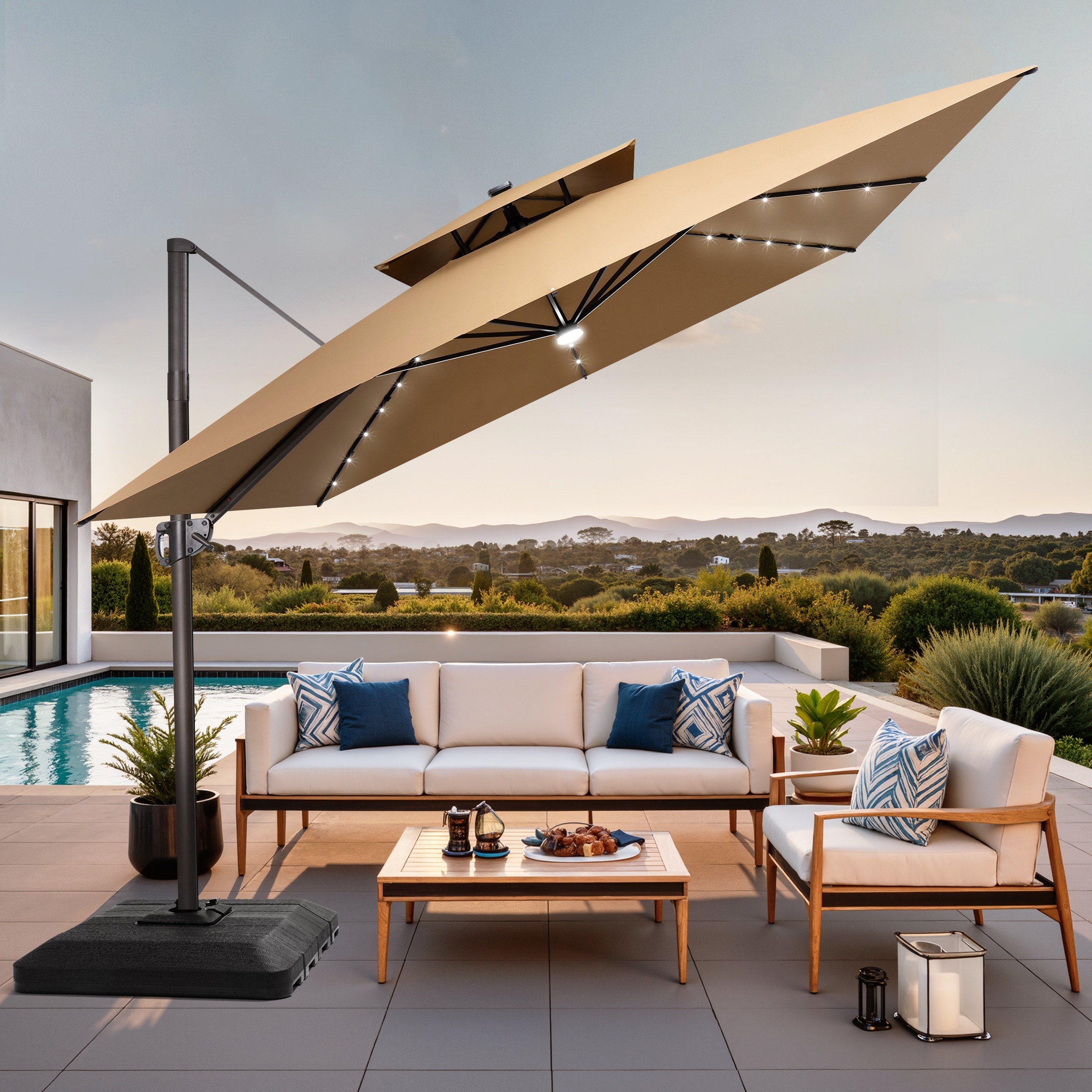 11 FT Square Outdoor Patio Cantilever Umbrella with Solar Lights 4-Piece Premium Base Double Canopy 360 Rotation Tilt