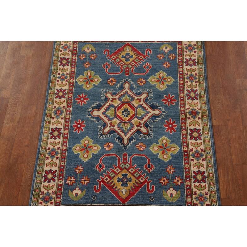 Traditional Blue Kazak Oriental Accent Rug Hand-Knotted Wool Carpet - 3'3"x 5'0"